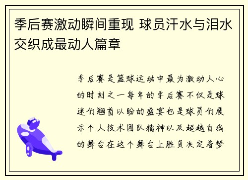 季后赛激动瞬间重现 球员汗水与泪水交织成最动人篇章